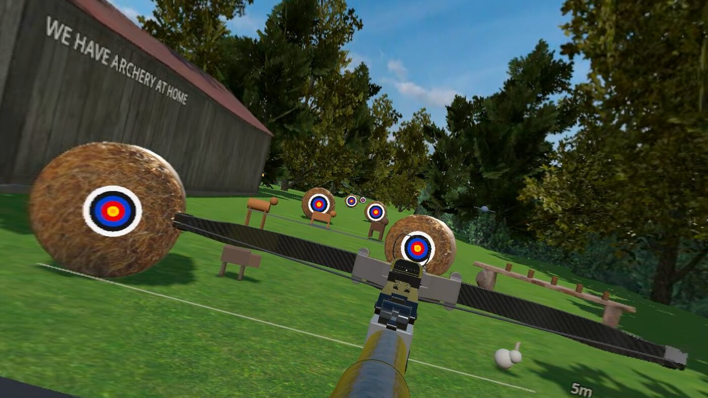 A crossbow held level in both hands, sighted on targets at the far end of the range.